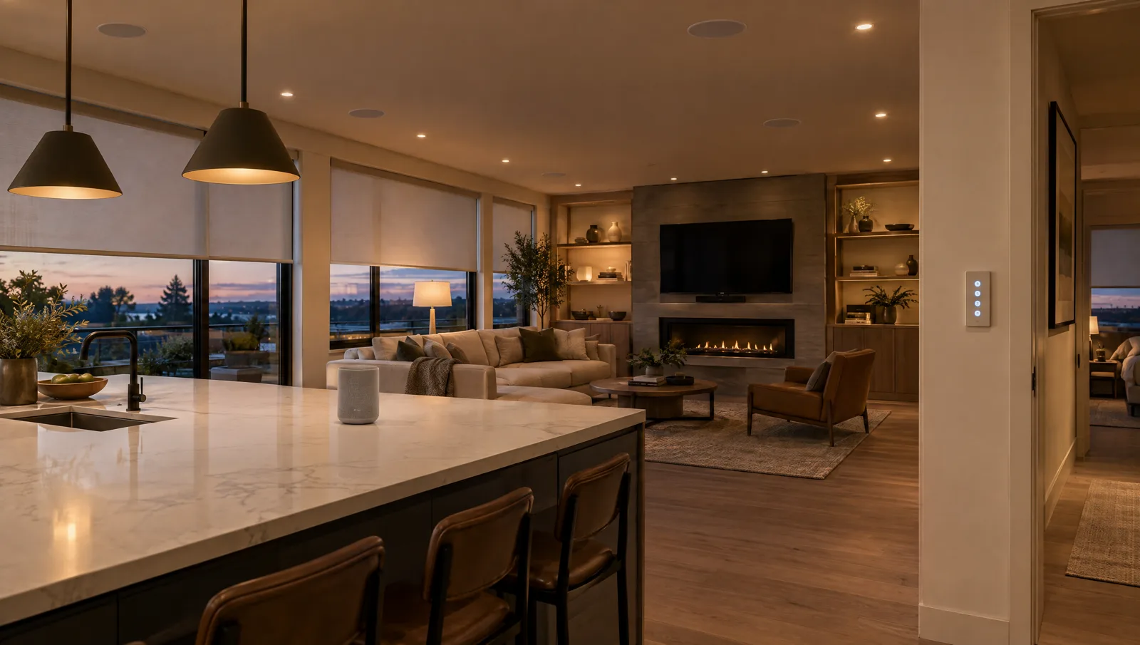 Open-plan home with in-ceiling speakers, a lighting keypad and motorized shades