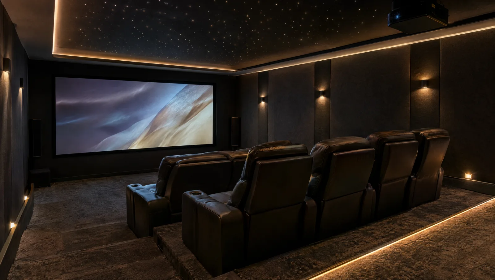 Dedicated home theater with projection screen, acoustic panels and recliners