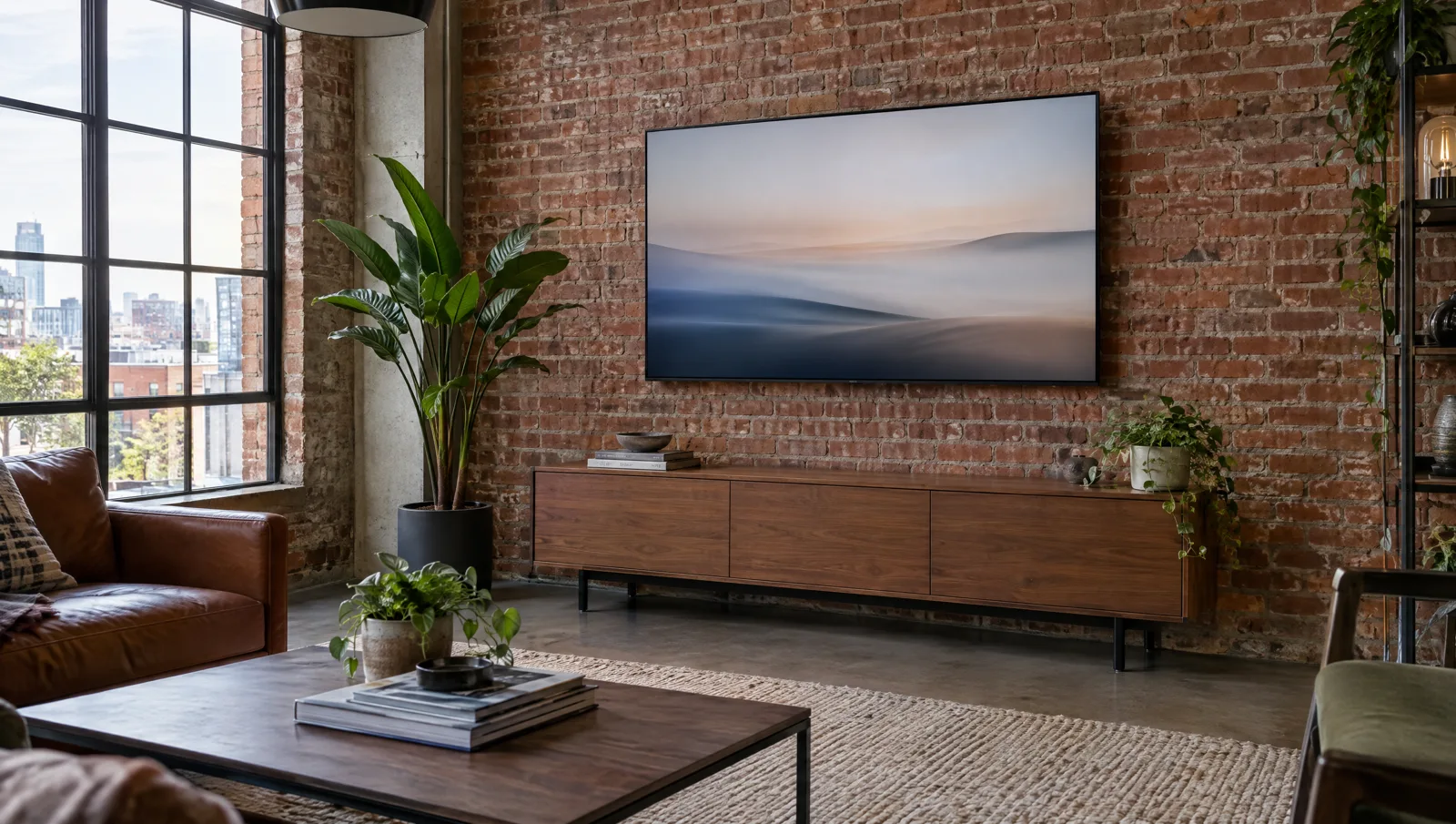 Large TV mounted on an exposed brick wall in a loft