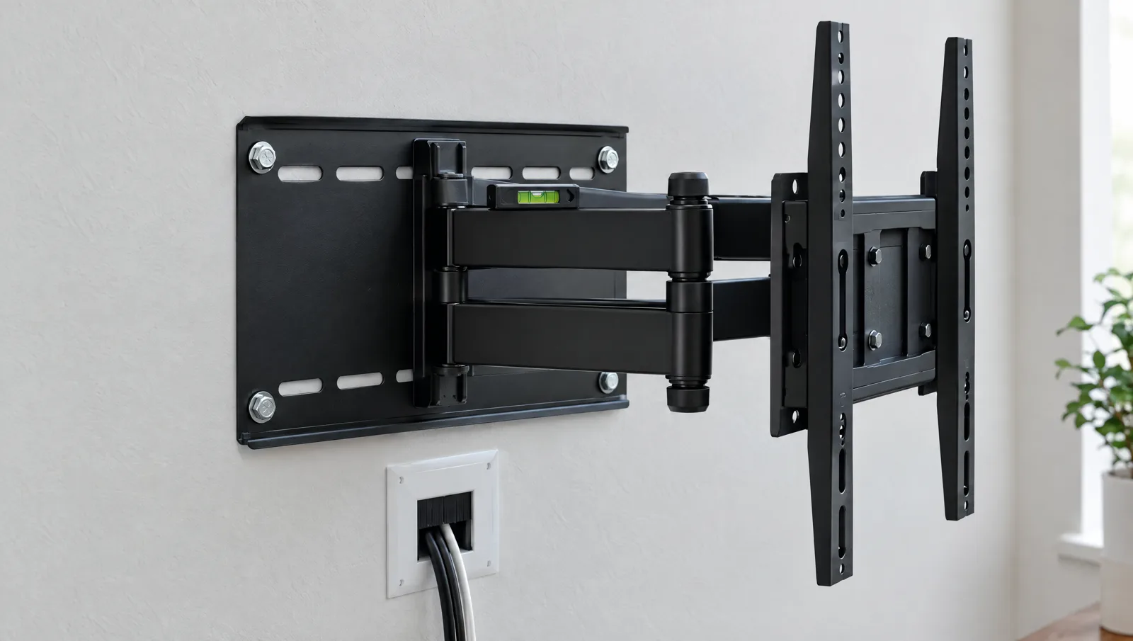 Full-motion TV wall mount bolted into studs with an in-wall cable plate