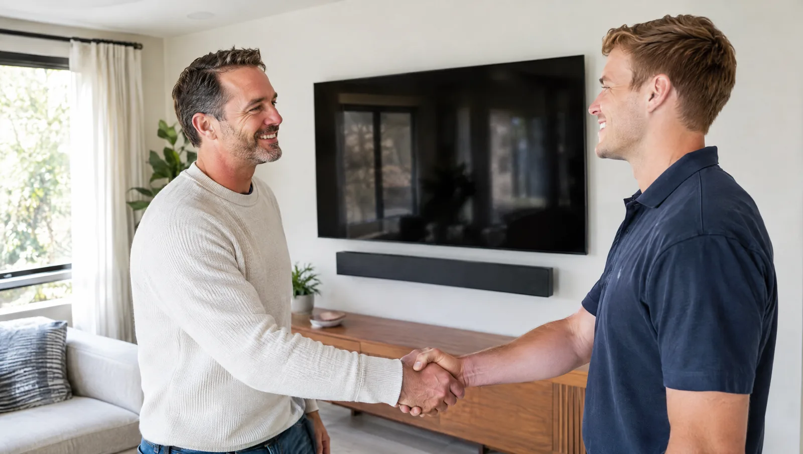 Homeowner shaking hands with a TV installer after a finished install