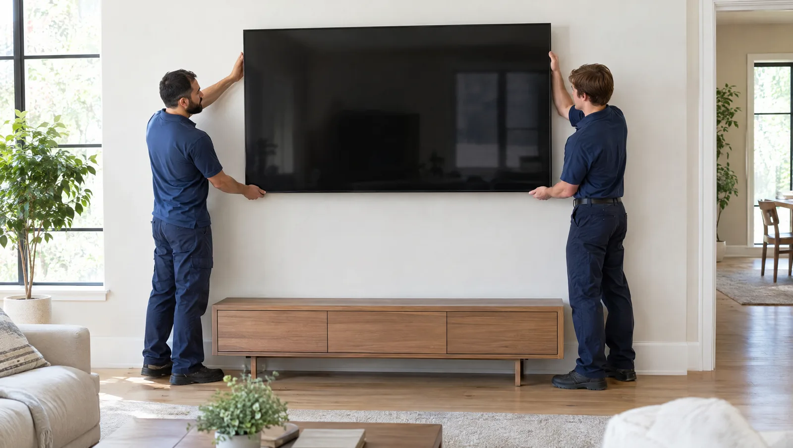 Two installers lifting a large 85-inch TV onto its wall mount