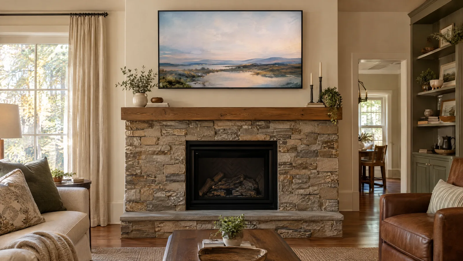 TV mounted above a stacked-stone fireplace with hidden wiring