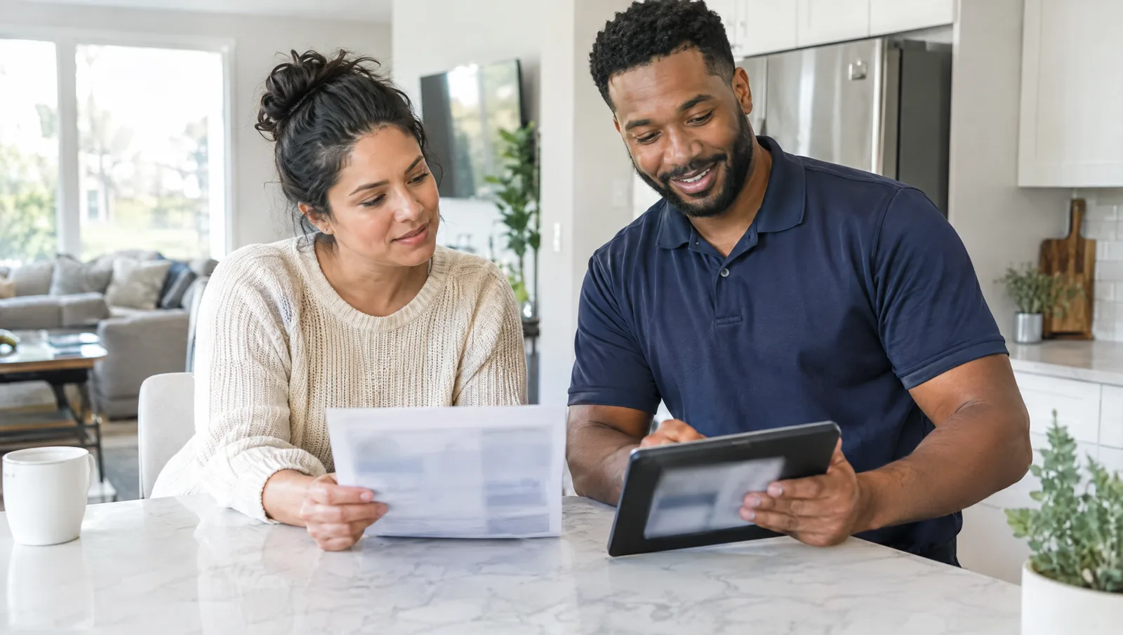 Homeowner and installer reviewing a TV mounting estimate